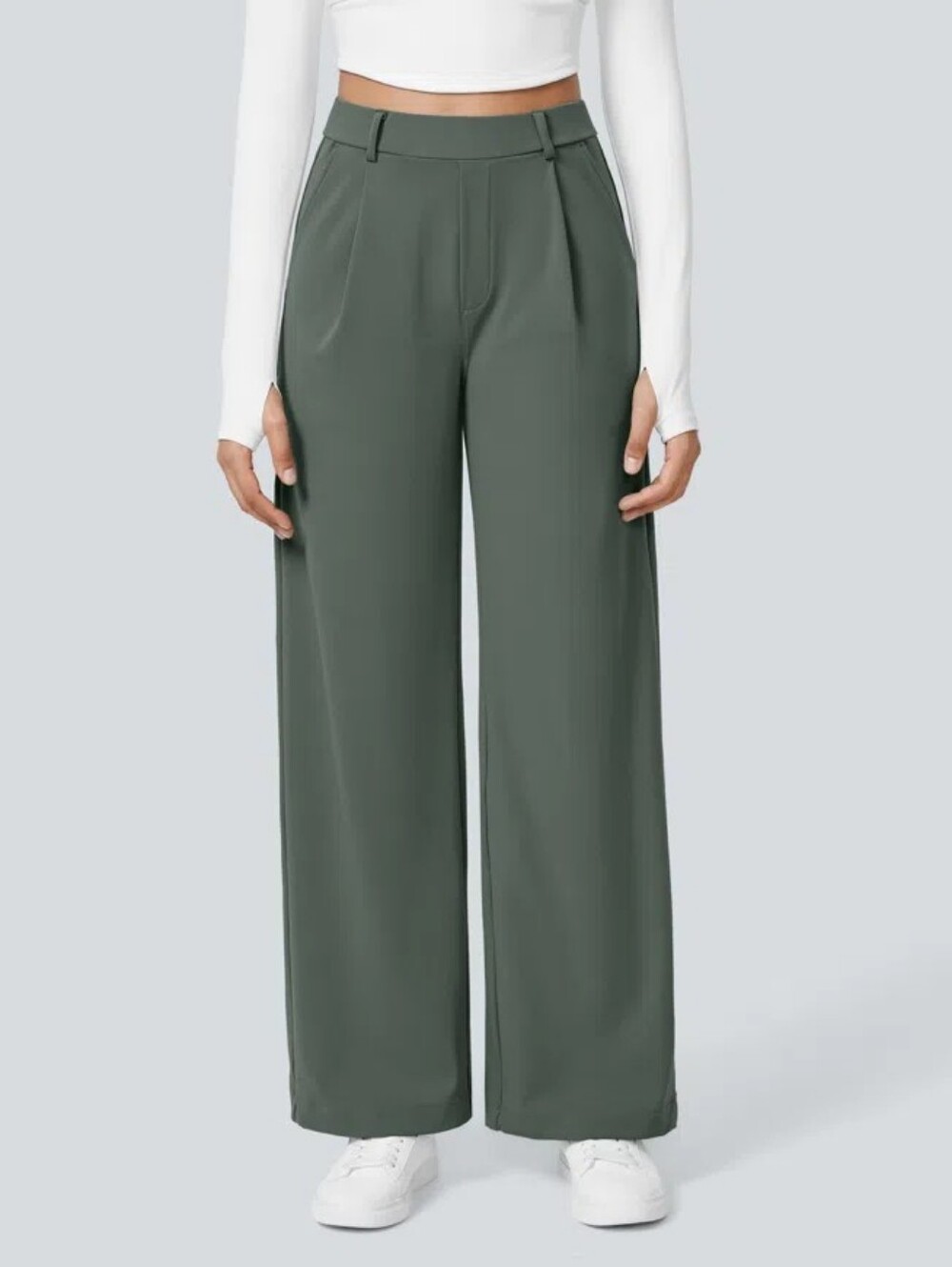 Wide Leg High-Waist Pants in Olive Green